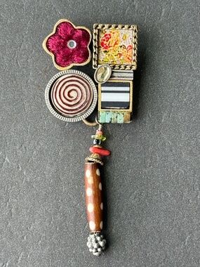 JILL SCHWARTZ ELEMENTS Found Object Assemblage Brooch Eclectic Collage Designer